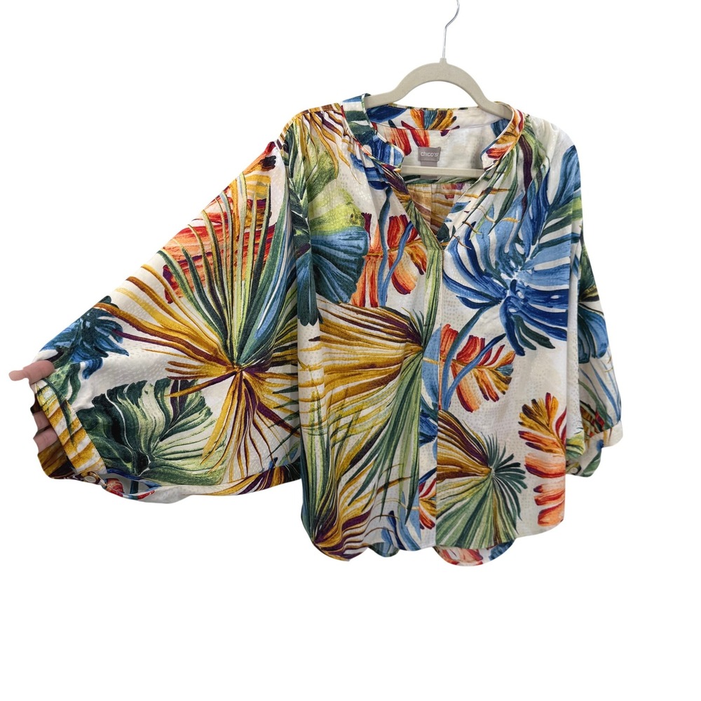 Chicos Tropical Leaf Print Kimono Sleeve Blouse Size 1 US 8/10 Multicolor Boho